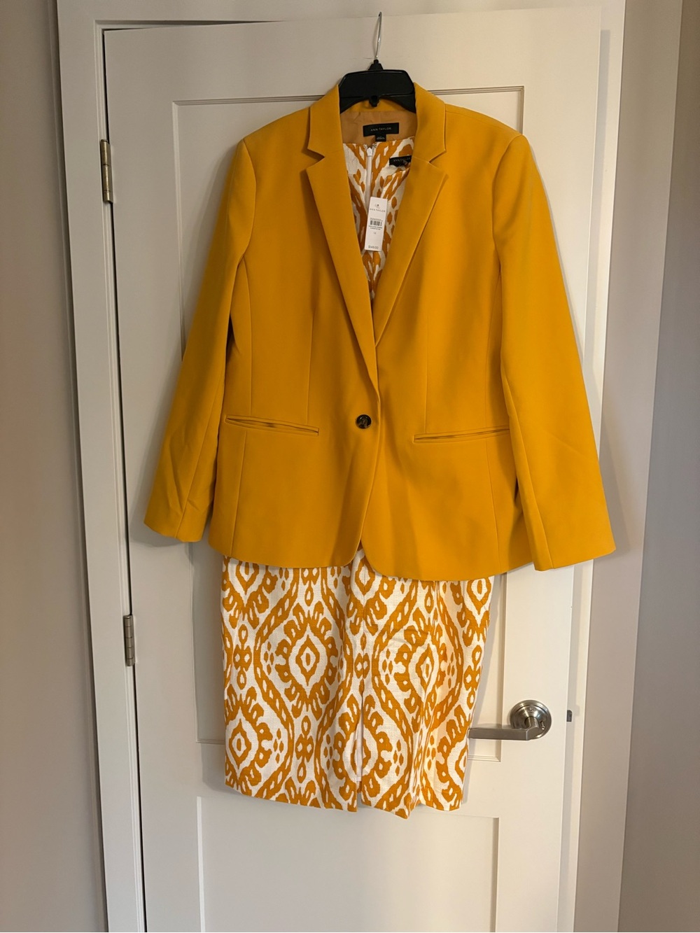 Ann Taylor 2 Piece Mustard Yellow Ikat Sheath Dress and Hutton Blazer NWT & NWOT